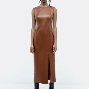 ZARA Faux Leather Dress NWT Midi Elegant Casual Date Night Out Holiday Winter